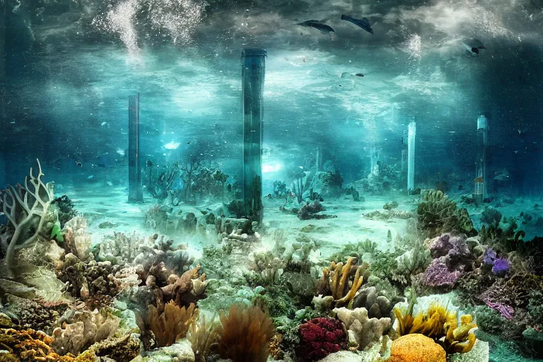 Image similar to underwater city, photograph,