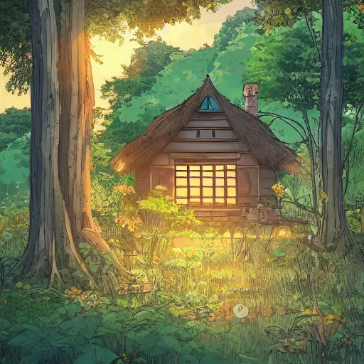 Image similar to a cozy cottage in an overgrown forest, anime, cartoon, studio Ghibli style, golden hour