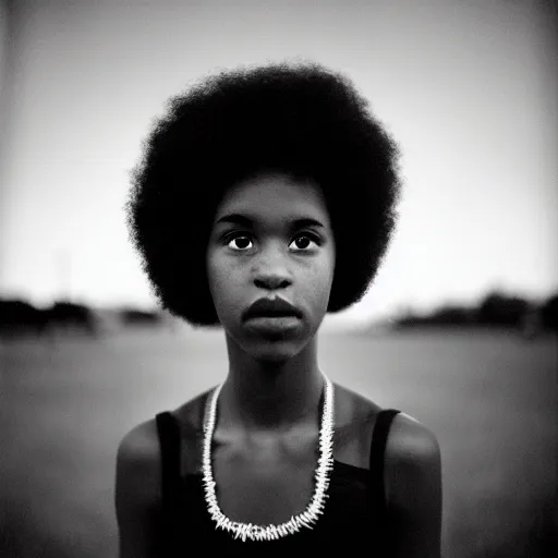 Image similar to teenager light - skin girl, afro hair, stares at the camera, night sky, stars, bruce gilden, leica s, fuji 8 0 0, grainy, low light