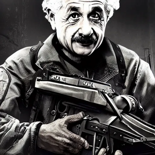 Prompt: Albert Einstein in Call of Duty Black Ops, highly detailed, high quality, HD, 4k, 8k, Canon 300mm, professional photographer, 40mp, lifelike, top-rated, award winning, realistic, sharp, no blur, edited, corrected, trending