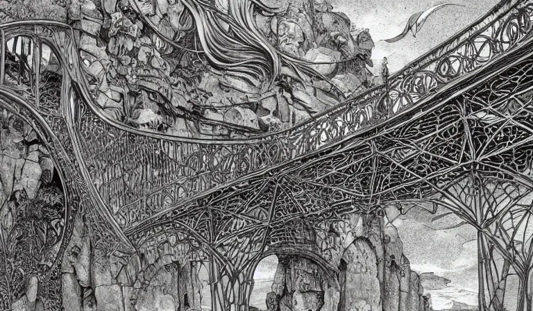 Prompt: ancient mystical bridge, the ancient gods glitchcore landscape, Precise and Intricate Linework, Art Nouveau Cosmic 4k Detailed Matte Illustration trending on Flickr ,CGSociety, eldritch color, Pastiche by Albrecht Dürer, Pastiche by Don Maitz