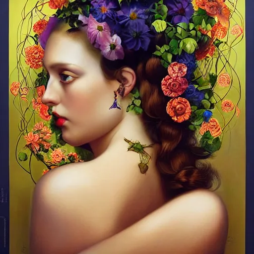 Prompt: dynamic composition, a painting of woman with hair of summer flowers and vines wearing ornate earrings,, ornate gilded details, a surrealist painting by tom bagshaw and jacek yerga and tamara de lempicka and jesse king, featured on cgsociety, pop surrealism, surrealist, dramatic lighting, wiccan, pre - raphaelite