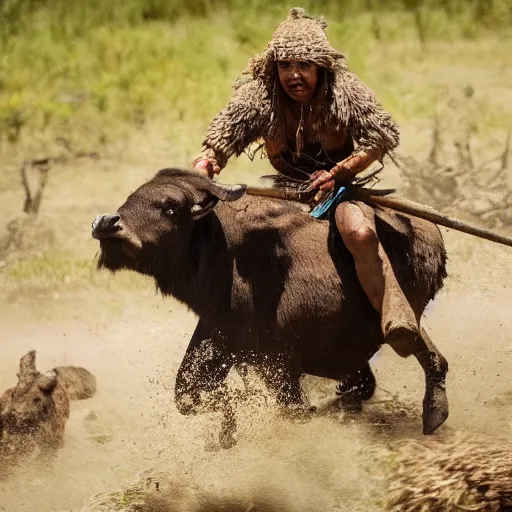 Image similar to ancient tribe hunting buffalo herd, ancient atv, chase scene, dynamic shot,