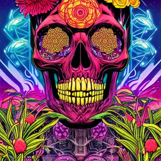 Image similar to ortographic view of a large skull with cybernetic modifications and vivid flowers by Jen Bartel and Dan Mumford and Satoshi Kon, gouache illustration