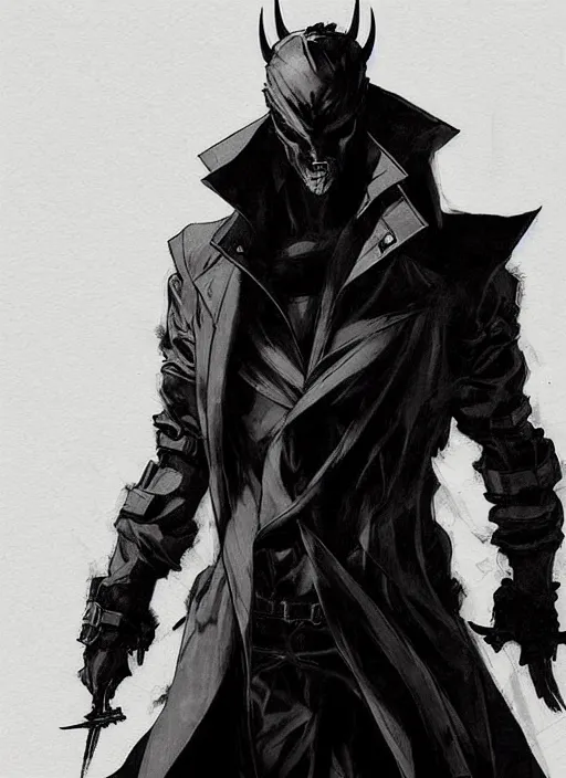 Image similar to Half body portrait of a menacing demon hunter in long trench coat with black fog oozing. In style of Yoji Shinkawa and Hyung-tae Kim, trending on ArtStation, dark fantasy, great composition, concept art, highly detailed, dynamic pose.