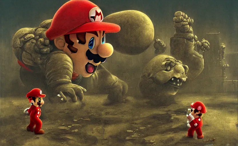 Image similar to super Mario faces off against Bowser by Beksinski, resident evil, horror