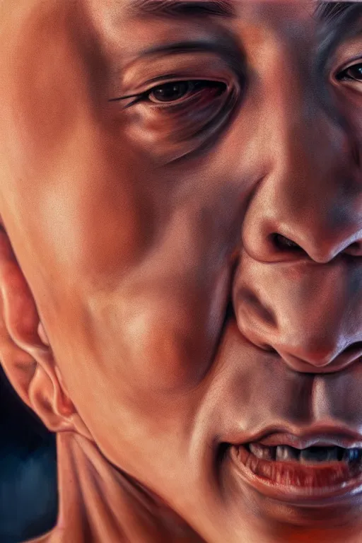 Image similar to hyperrealistic close-up graffiti! exoskeleton!! chinese man highly detailed concept art eric zener elson peter cinematic hard orange lighting high angle hd 8k sharp shallow depth of field