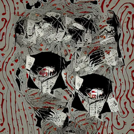 Image similar to multiple faces shredded like paper news scared, dark horror, surreal, illustration, by alley burke