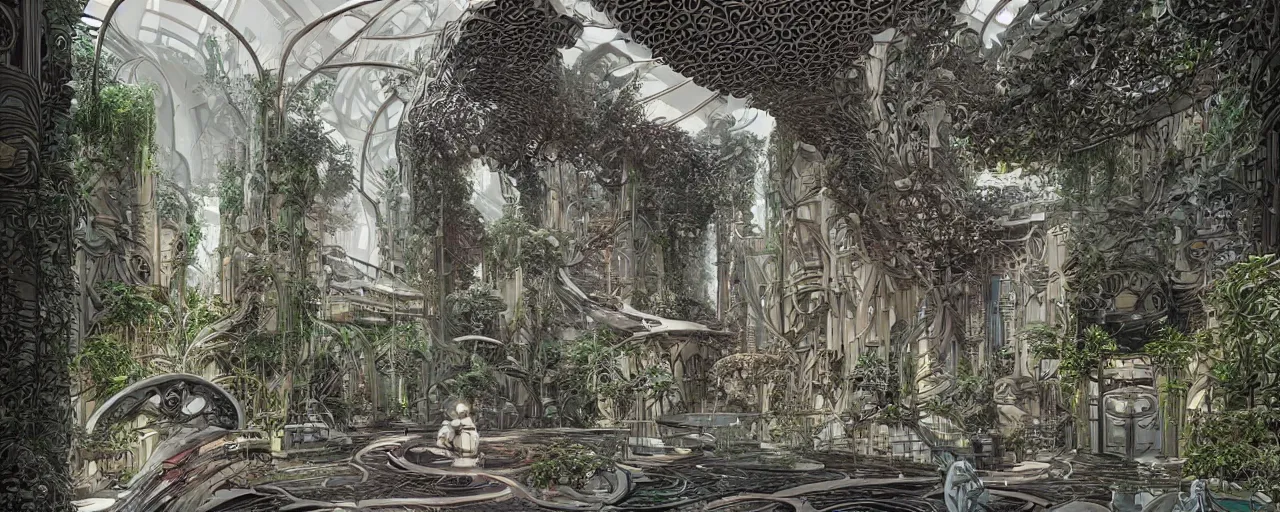 Prompt: a minimalist luxurious scifi futuristic victorian garden courtyard by killian eng, moebius, philippe druillet