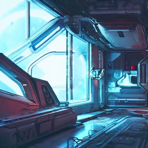 Prompt: arriving on a derelict space station, ominous, epic, wonderfully colorful, escape pod, screen, ink lines, accurate, weird, neon ink, clean, minimal, 8k, octane render