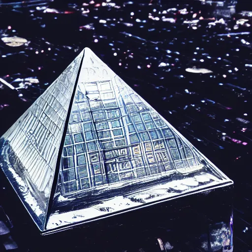 Prompt: Artificial superintelligence in glass silver shiny pyramid in the middle of an old town