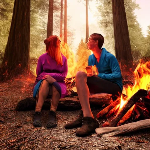 Prompt: close up of two adventurers in colorful tunics sitting by the campfire in a deep redwood forest, inky black night, warm glow from the campfire, realistic, 8 k, volumetric lighting, corona render, quixel megascans, octane render, extreme detail,