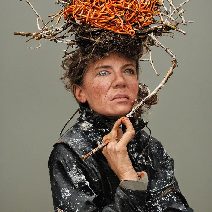 Image similar to a closeup portrait of a woman wearing a ski suit made of rusted nails and ribbons, picking oranges from a tree in an orchard, foggy, moody, photograph, by vincent desiderio, canon eos c 3 0 0, ƒ 1. 8, 3 5 mm, 8 k, medium - format print