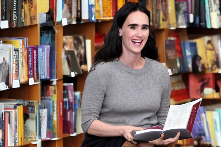 Prompt: jennifer connelly smiling and reading a book in a bookshop