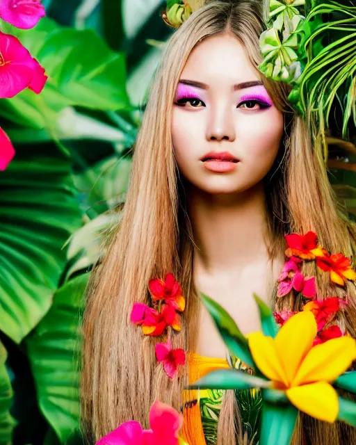 Image similar to an stunning beautiful eastern girl is surrounded by colourful tropical flowers and plants, symmetric face and eyes, upper body face shot, long straight blonde hair, visible face 5 0 mm f 2. 2