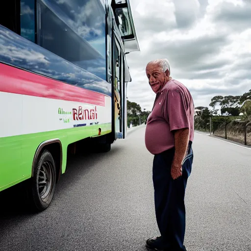 Image similar to a elderly man standing on top of a transperth bus, canon eos r 3, f / 1. 4, iso 2 0 0, 1 / 1 6 0 s, 8 k, raw, unedited, symmetrical balance, wide angle