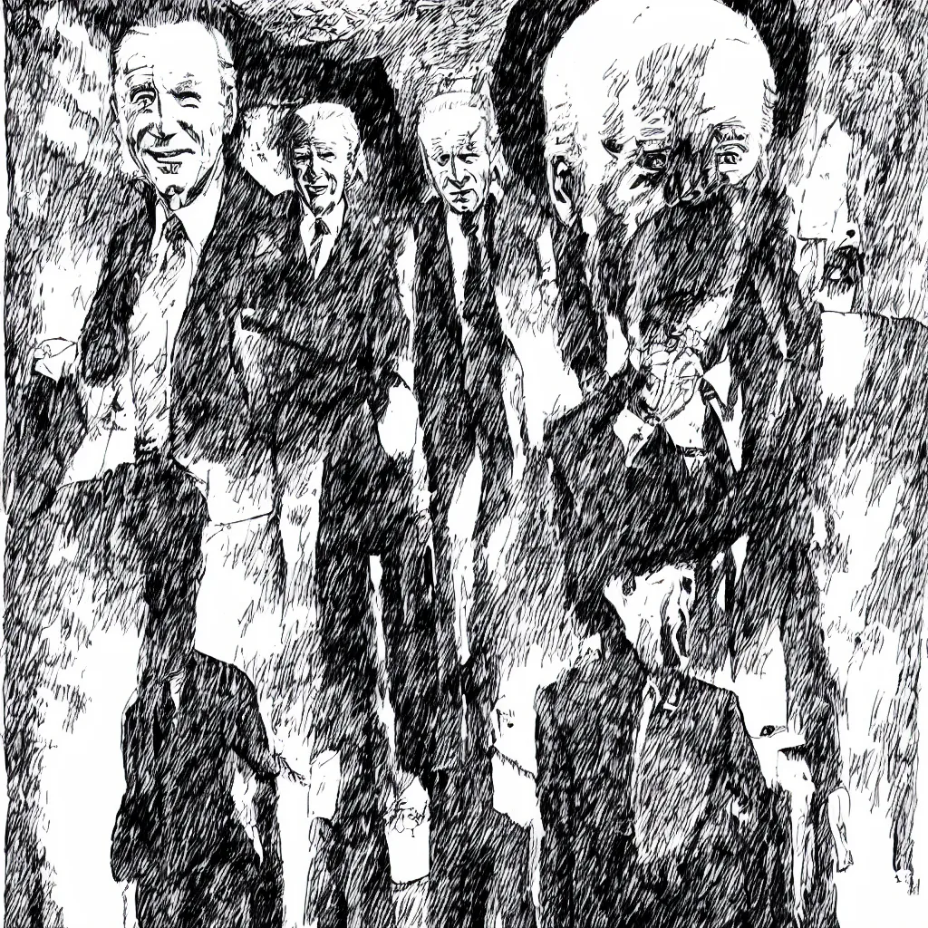 Image similar to Joe Biden full body portrait, body horror, black and white Illustration by Junji Ito