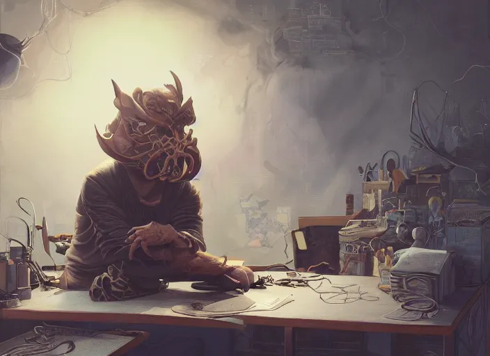 Image similar to an insanely detailed painting of an asian man wearing a homemade superhero costume, sitting at a desk, staring seriously at the computer and typing, in the style of peter mohrbacher, james jean, ruan jia, dramatic lighting and composition, surreal background, octane render, pixar, trending on artstation, concept art, comic book, view from behind, 8 k