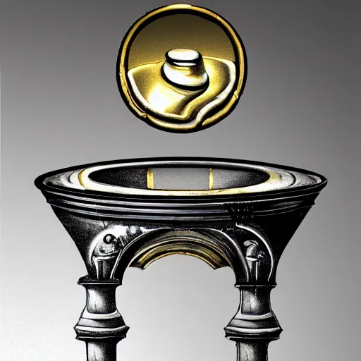 Image similar to in the center lays an ancient chromed artifact in the shape of a heavy signet ring, ornate with gentle iridescent shine from within. the ring lays on top of a pedestal. the pedestal is in front of a dark misty balcony at night. perspective from the side. realistic light and shadows. moody fantasy art, table still life renaissance pastel painting.