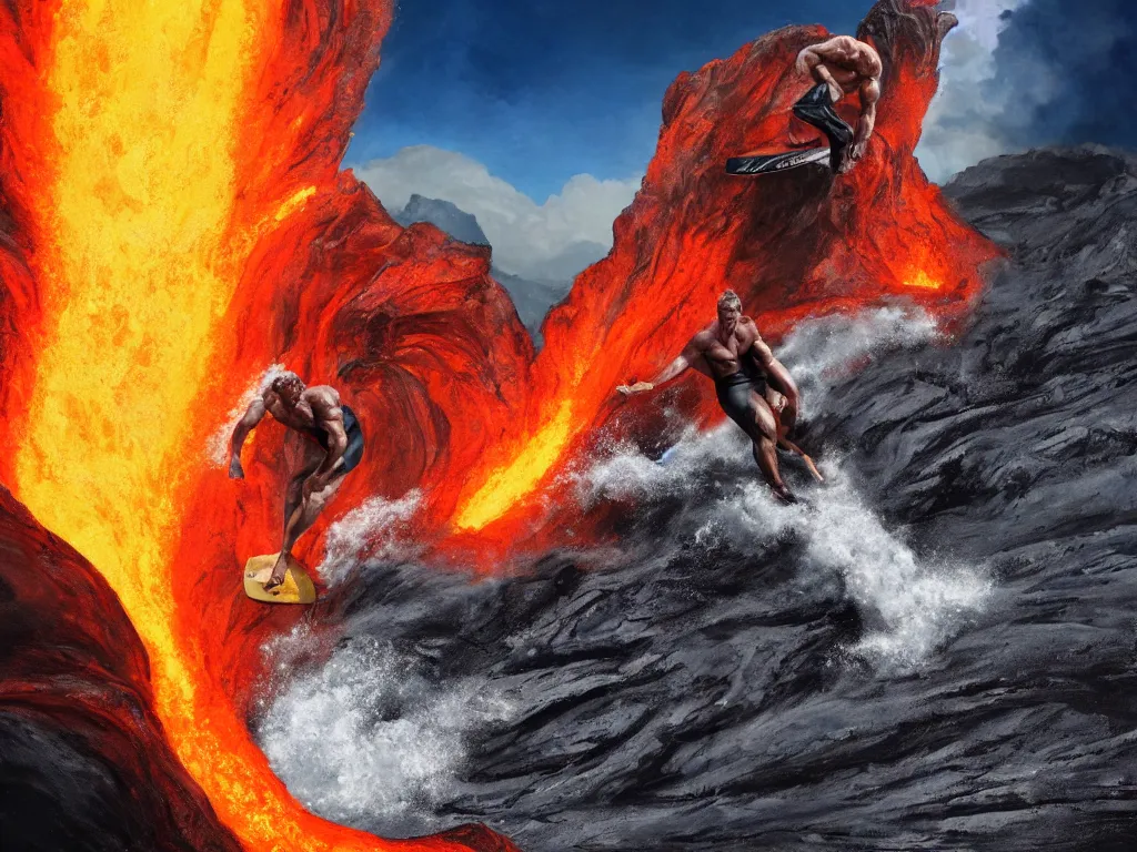 Image similar to arnold schwarzenegger surfing on lava from an erupting volcano, stunning scene, 8 k, digital painting, hyperrealism, bright colors, trending on artstation