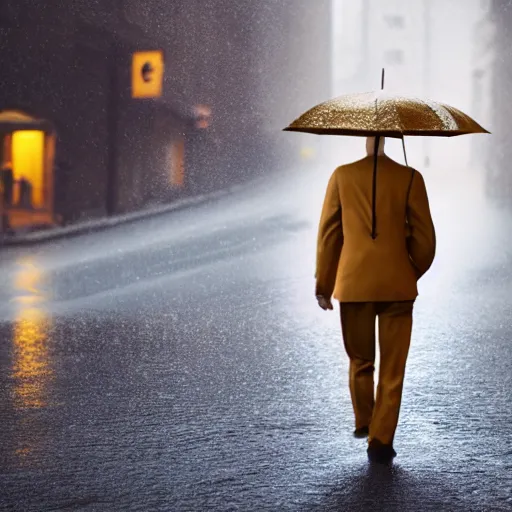 Prompt: golden man walking on a rainy street, golden hours, heat wave, 4 k photoshop