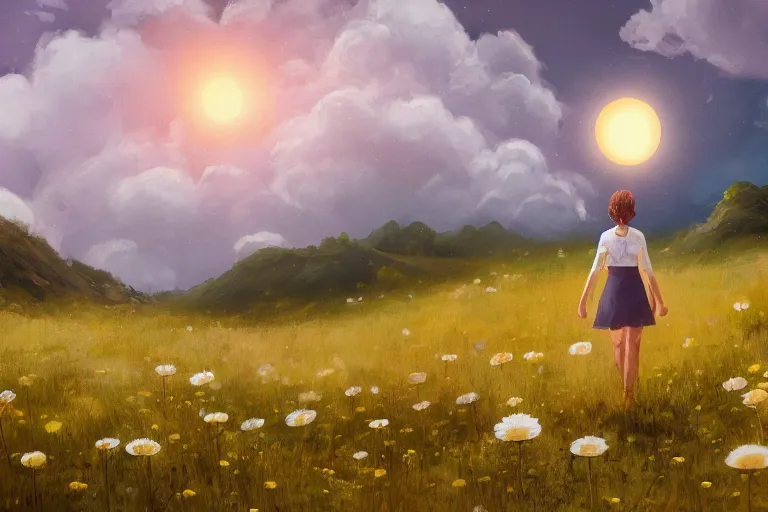 Image similar to giant white daisy flower head, girl walking on cliff, surreal photography, solar eclipse, milky way, dramatic light, impressionist painting, clouds, digital painting, artstation, simon stalenhag