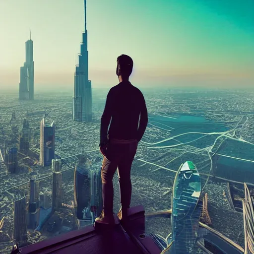 Image similar to closeup of a man [ standing on the pinnacle of the burj khalifa ]!!, holding a camera, viewing out into a futuristically adequate city, dusk atmosphere, digital art illustrated by max hay and greg rutkowski, [ synthwave ]!!, golden ratio!!, centered!!