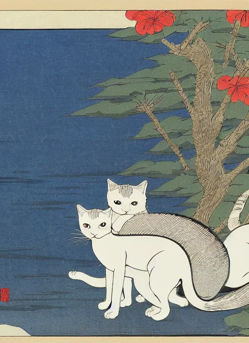 Image similar to whitecat with 2 baby white cats of utagawa hiroshige, digital painting 4 k uhd image, highly detailed