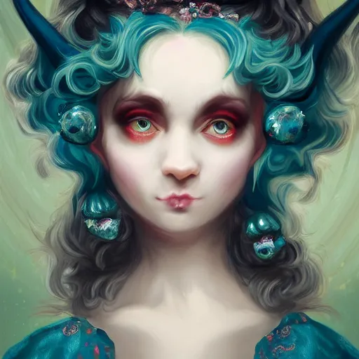 Prompt: rococo style portrait of a demon girl with deep teal skin, straight aquamarine crystal horns, shiny dark red hair, eyes shifty lime green and a playful smile, highly detailed masterpiece, artstation trending, 8 k