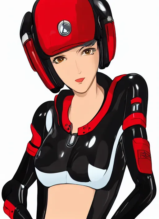 Prompt: Portrait of a female mech pilot in a black latex bodysuit, anime, cel-shaded, highly detailed, monotone, red highlights