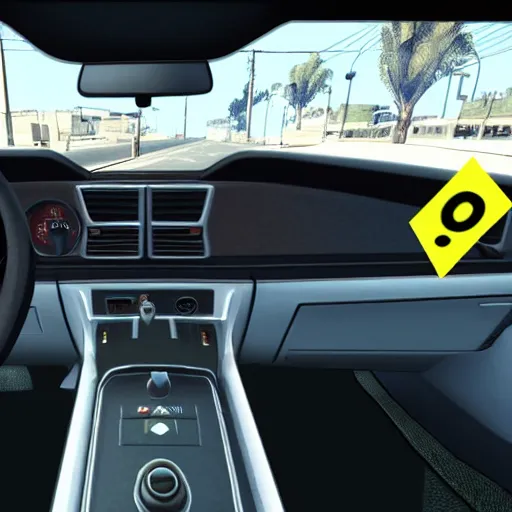 Prompt: first person GTA V screenshot inside a car showing steering wheel and dashboard and windshield