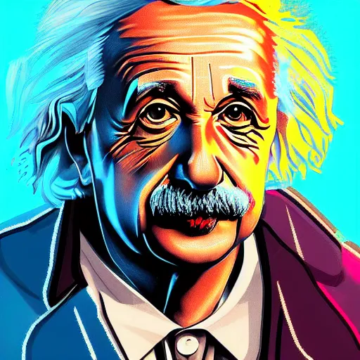 Image similar to high detailed portrait of albert einstein, cyberpunk2077, cyberpunk, neon, teal and gold colors, artstation, digital illustration