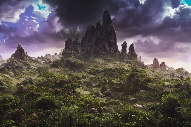 Image similar to an alien landscape featuring towering mountains, strange plants, and an otherworldly sky, 4 k photorealism