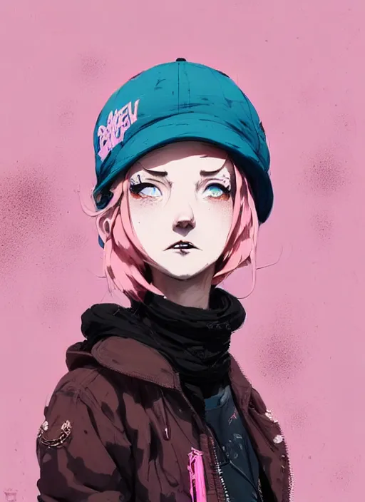 Prompt: highly detailed portrait of a street punk lady student, blue eyes, bubble jacket, hat, white hair by atey ghailan, by greg rutkowski, by greg tocchini, by james gilleard, by joe fenton, by kaethe butcher, gradient pink, black, brown and light blue color scheme, grunge aesthetic!!! ( ( graffiti tag wall background ) )