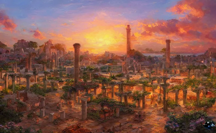 Image similar to Ancient elfic city at sunset. By Konstantin Razumov, highly detailded