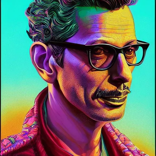 Image similar to Jeff Goldblum an extremely psychedelic experience, colorful, surreal, dramatic lighting, cosmonaut, LSD, face, detailed, intricate, elegant, highly detailed, digital painting, artstation, concept art, smooth, sharp focus, illustration, art by Sam Spratt, Dan Mumford, Artem Demura and Alphonse Mucha