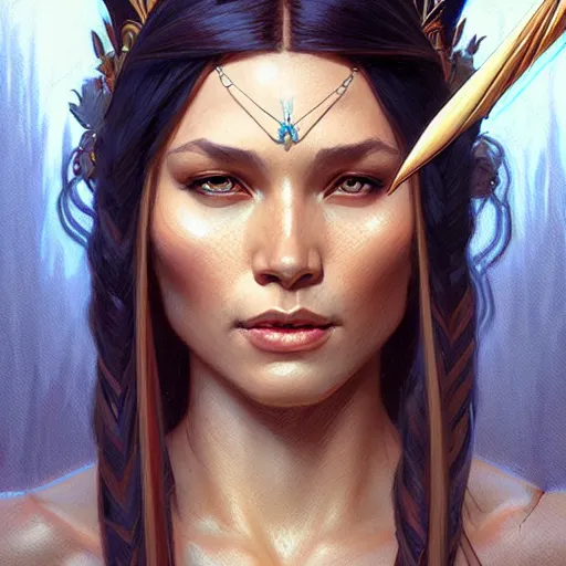 Prompt: Pocahontas, D&D, fantasy, intricate, elegant, highly detailed, digital painting, artstation, concept art, matte, sharp focus, illustration, art by Artgerm and Greg Rutkowski and Alphonse Mucha