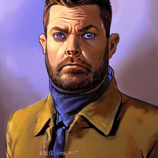 Image similar to beautiful portrait of a man with a short-beard blue eyes(looking like joshua jackson and aaron paul, sean astin), in the style of Enki Bilal and Joe Jusko and Alex Ross, backlit, concept art, trending on artstation