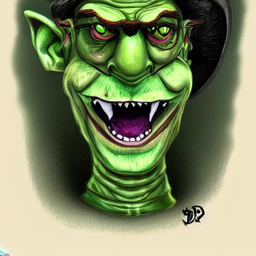 Image similar to a cartoonishly evil goblin, supervillain, top hat and luxurious handlebar moustache, green skin, cartoon style, d & d character portrait, victorian clothing, digital art, 8 k,