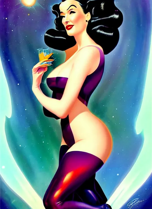 Image similar to a retro sci - fi pinup illustration of dita von teese in the style of anna dittmann and in the style of charlie bowater and in the style of alberto vargas and in the style of gil elvgren.