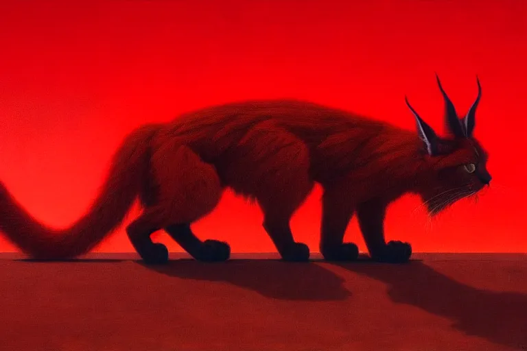 Image similar to only with red, a red cute fluffy caracal, ancient greek city, in the style of beksinski, parts by edward hopper, parts by rodcenko, parts by yue minjun, intricate and epic composition, red by caravaggio, insanely quality, highly detailed, masterpiece, red light, artstation, 4 k