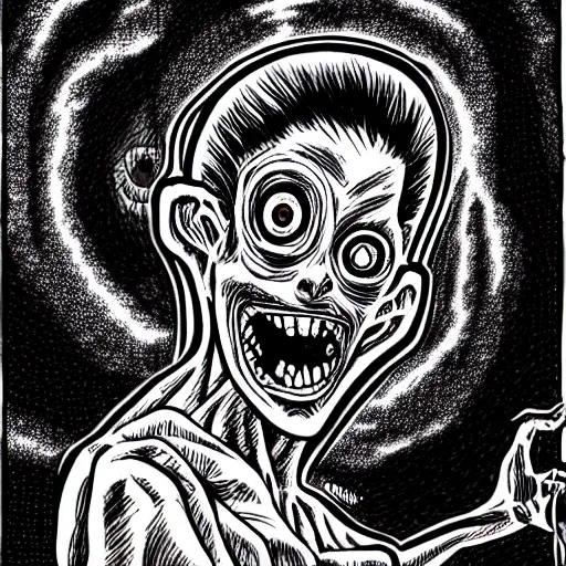 Image similar to a dark brown humanoid, hyper detailed, in the style of junji ito and and junji ito and junji ito, selfie