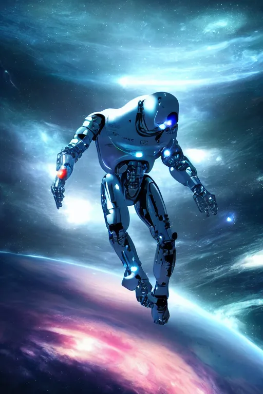 Prompt: cyborg floating in space letting go of reality and experiencing the quantum feild, matte painting comic book art, cinematic, highly detailed, realistic, beautiful cosmic neural network, octane render, unreal engine, depth of field, trending on artstation, sharp focus, philosophical splashes of colors