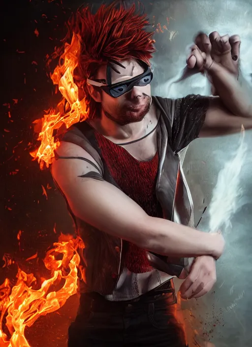 Image similar to An epic fantasy comic book style portrait painting of young man with red spiked long hair, using googles. Wearing a black waistcoat, white shirt. Fire on his hands. Unreal 5, DAZ, hyperrealistic, octane render, cosplay, RPG portrait, dynamic lighting