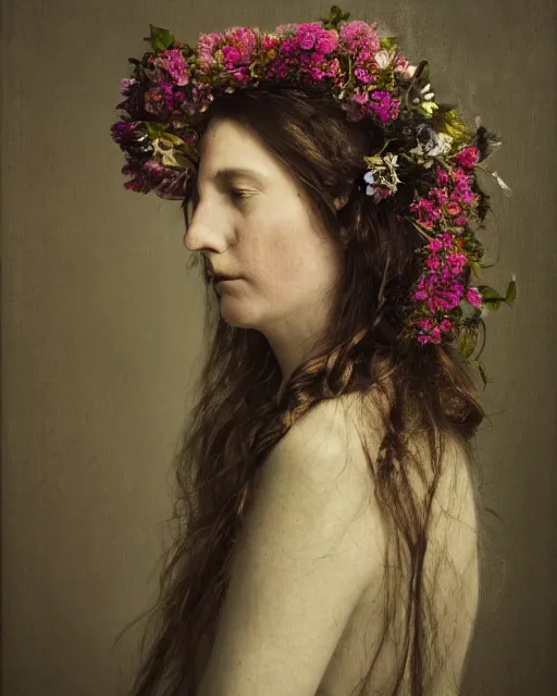 Image similar to a woman's face in profile, long hair made of flowers and vines, in the style of the Dutch masters and Gregory Crewdson, dark and moody