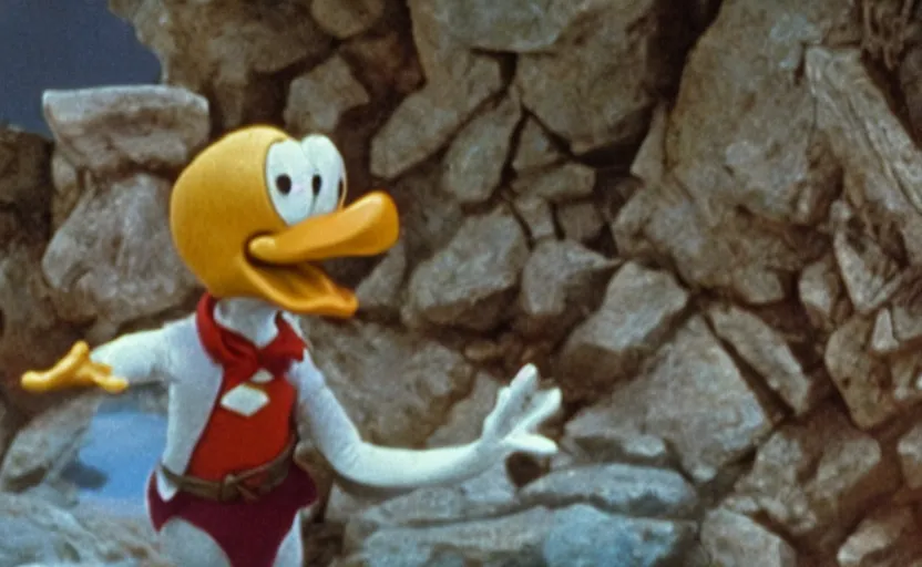 Prompt: a still of donald duck in the dark crystal,