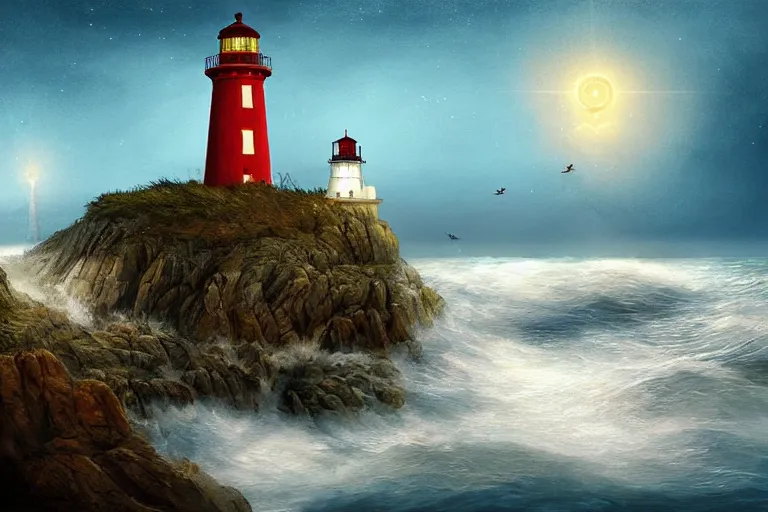 Prompt: a painting of a lighthouse built on seashore rocky cliff with waves crashing into the rocks and sea birds flying on a starry night, in the style of ray caesar, digital art