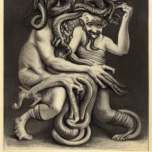 Image similar to goblin sitting on the shoulders of a blind - folded medusa, caricature, highly detailed