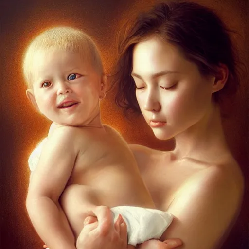 Image similar to pure love is patient love is kind, mother and child ; photorealistic oil painting by tom chambers and artgerm ; highly detailed cute faces by wlop ; trending on artstation ; 8 k high resolution, symmetrical, cinematic, high coherence, golden ratio, rule of thirds, perfectly centered ; anatomically correct faces