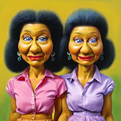 Image similar to beautiful lifelike painting of the peanut sisters, hyperreal detailed facial features and uv lighting, art by ed roth and basil wolverton